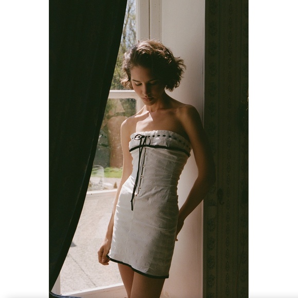 469. With Jean Sabrin Dress White Embroidery Eyelet Strapless Mini Dress $269 - Picture 1 of 8